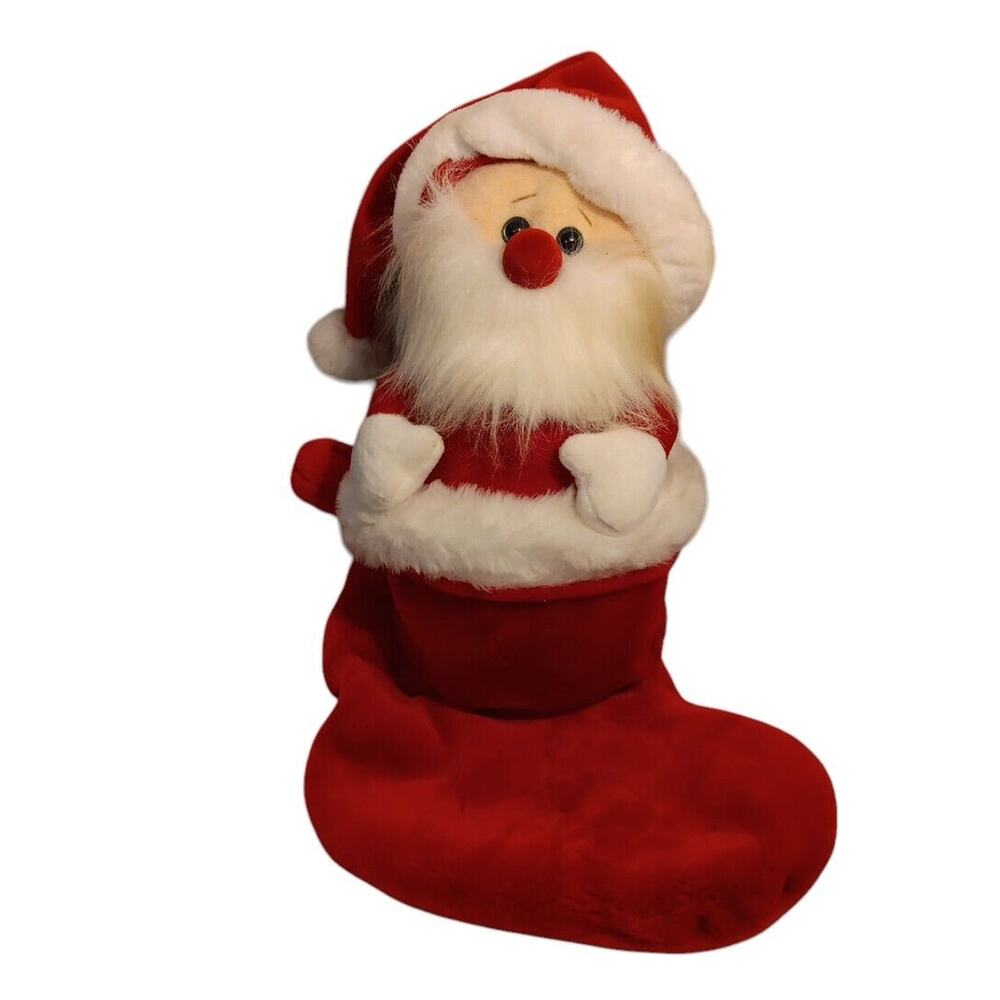 Santa Claus Climbing Out Of Red Soft Plush Christmas Stocking Whimsical Vtg READ